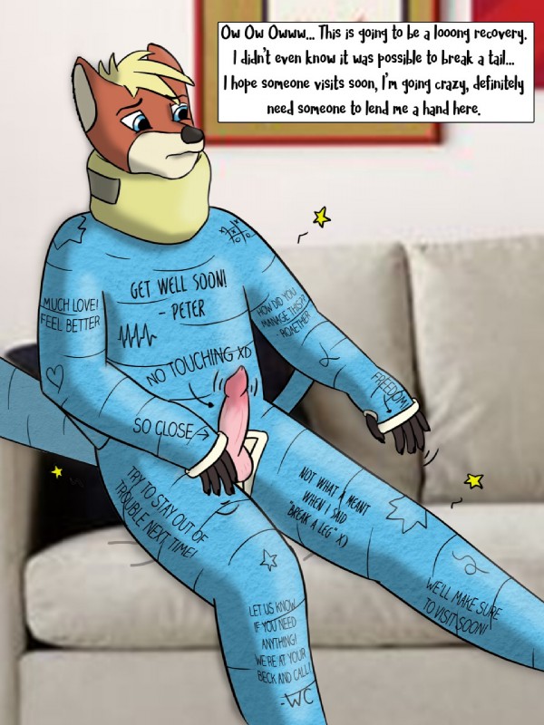 anthro blonde_hair blue_eyes body_cast body_writing broken_arm broken_everything broken_leg cast full_body_cast furniture genitals hair male neck_brace pain penis sitting sofa solo teasing text wounded writing_on_belly writing_on_chest writing_on_thigh mathias_(castfox) canid canine fox mammal 3:4 english_text hi_res