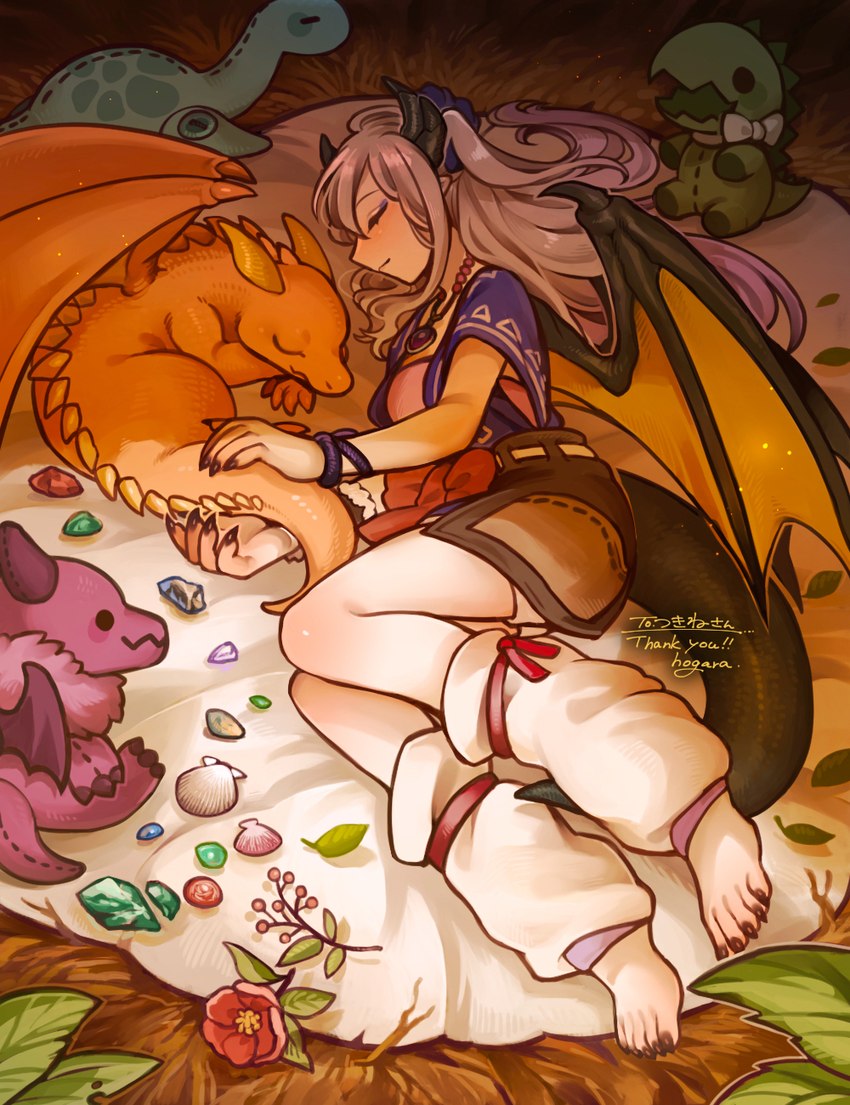 ambiguous_gender bed bottomwear bracelet claws clothed clothing daww duo eyes_closed female feral flower furniture gem grey_hair hair holding_tail horn jewelry long_hair necklace on_bed pants partially_clothed plant plushie seashell shell sleeping smile spiked_tail spikes spikes_(anatomy) tail text topwear underwear wings hogara mythology ryune animal_humanoid dragon dragon_humanoid humanoid mythological_creature mythological_scalie scalie 2024 commissioner_name digital_media_(artwork) digital_painting_(artwork) hi_res painting_(artwork) signature