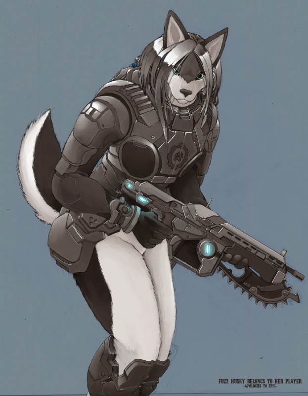 anthro armor bottomless clothed clothing female heterochromia solo tail thick_thighs unconvincing_armor weapon pira epic_games gears_of_war microsoft xbox_game_studios fuzzhusky canid canine canis domestic_dog husky mammal nordic_sled_dog spitz hi_res