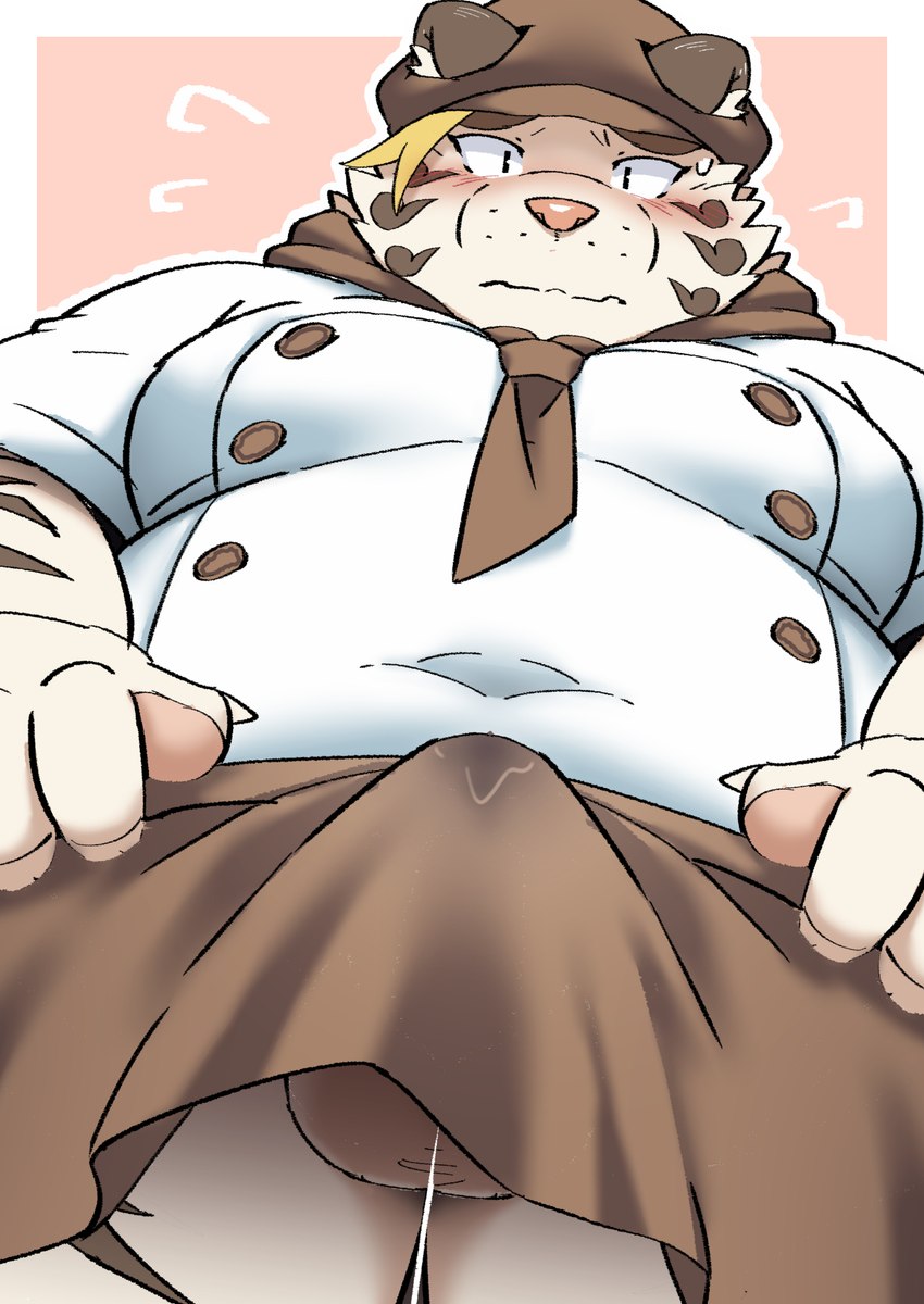 anthro apron balls belly big_belly blush bodily_fluids bulge clothed clothing fur genital_fluids genitals hat headgear headwear humanoid_hands kemono male overweight overweight_anthro overweight_male precum solo white_body white_fur ptcmtr lifewonders tokyo_afterschool_summoners licho_(tas) felid mammal pantherine tiger 2021 hi_res