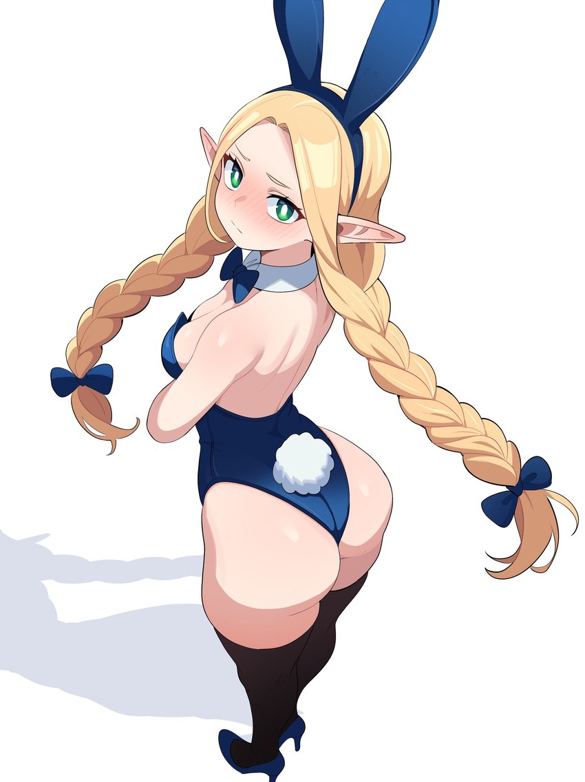 big_butt black_clothing black_legwear black_thigh_highs blonde_hair blue_bow blue_bow_tie blue_clothing blue_footwear blue_leotard blue_shoes blush blush_lines bow_tie braided_hair breasts bunny_costume butt clothing costume crossed_arms eyelashes fake_ears fake_rabbit_ears fake_rabbit_tail fake_tail female footwear green_eyes hair high_heels humanoid_pointy_ears legwear leotard looking_at_viewer looking_back looking_back_at_viewer not_furry pointy_ears rear_view shoes simple_background small_breasts solo tan_body tan_skin thick_thighs thigh_highs twintails_(hairstyle) white_background wide_hips maidcousin delicious_in_dungeon marcille_donato elf humanoid absurd_res hi_res