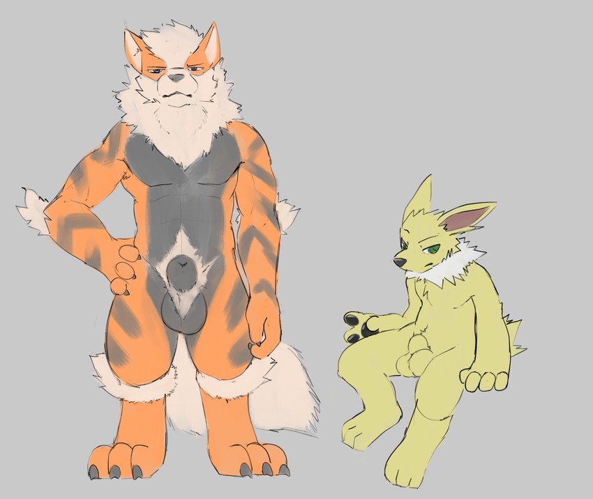 animal_genitalia anthro balls claws duo fully_sheathed fur genitals looking_at_viewer male nude pawpads penis sheath sitting standing yellow_body yellow_fur miau nintendo pokemon arcanine eeveelution generation_1_pokemon jolteon pokemon_(species) digital_media_(artwork) hi_res