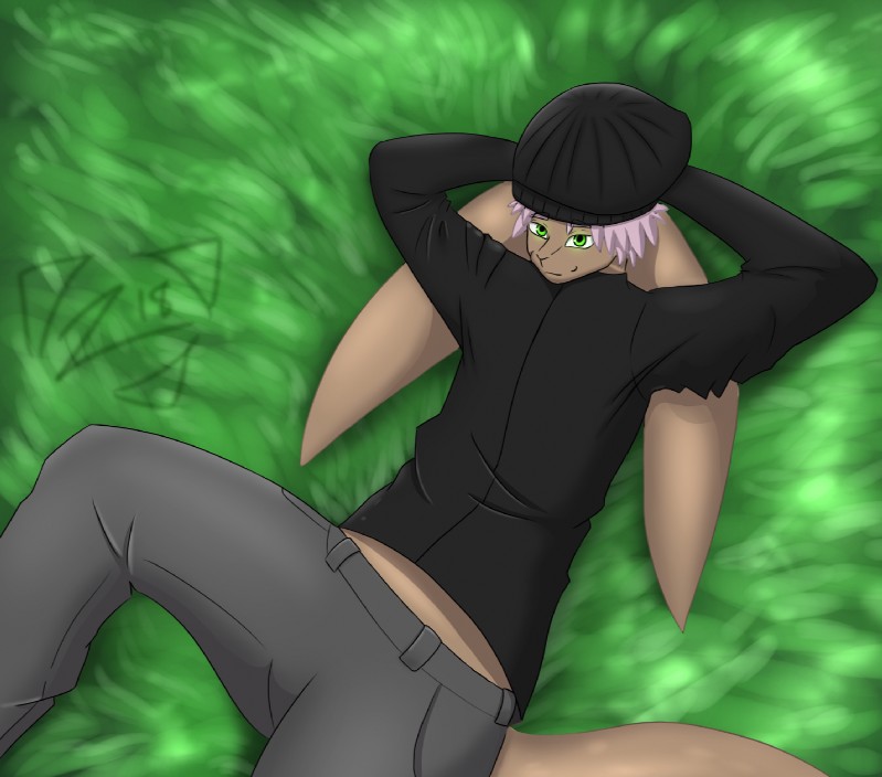 anthro biped clothed clothing front_view grass green_eyes hair looking_at_viewer lying on_back pink_hair plant pose smile erie51 cea domestic_cat felid feline felis hybrid lagomorph leporid mammal rabbit digital_media_(artwork) digital_painting_(artwork) hi_res portrait shaded soft_shading three-quarter_portrait