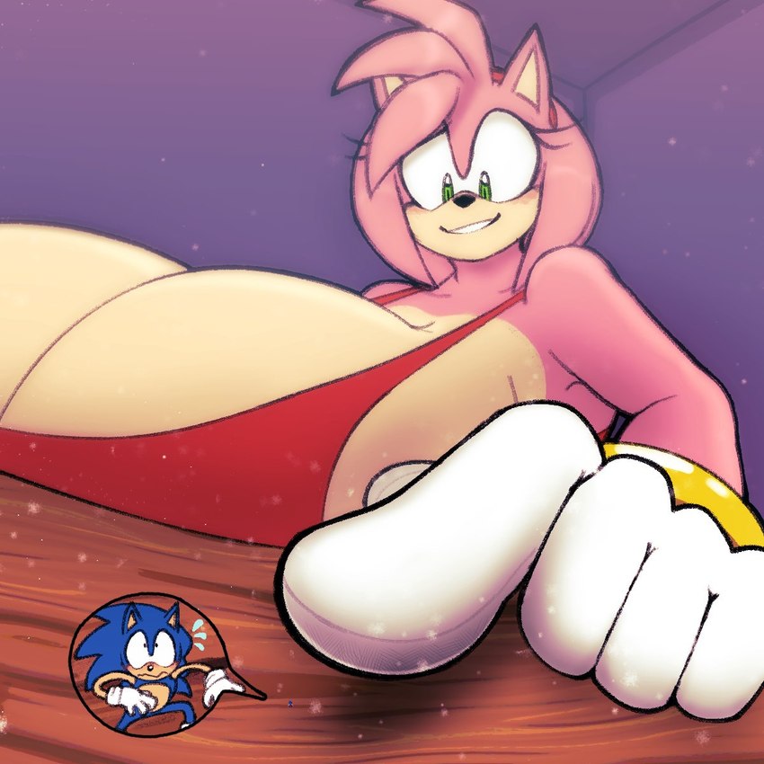 5_fingers anthro big_breasts blue_body breasts clothing duo extreme_size_difference female fingers gloves green_eyes handwear huge_breasts macro male micro nano pink_body red_clothing size_difference white_clothing white_gloves white_handwear colacoot sega sonic_the_hedgehog_(series) amy_rose sonic_the_hedgehog eulipotyphlan hedgehog mammal 1:1 2023 hi_res