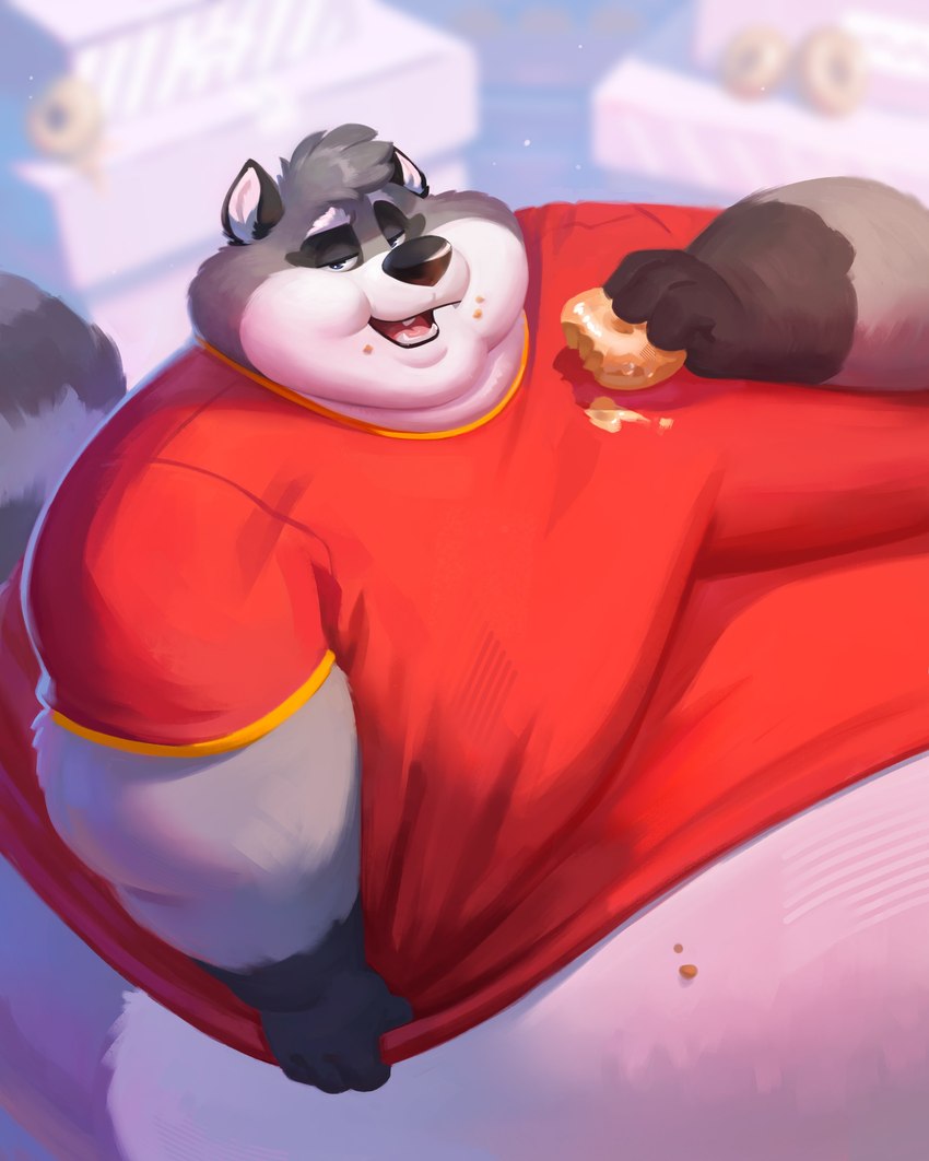 anthro belly big_belly big_cheeks chubby_cheeks clothed clothing clothing_pull dessert double_chin doughnut eating food fur grey_body grey_fur holding_food holding_object male markings moobs morbidly_obese morbidly_obese_anthro morbidly_obese_male obese obese_anthro obese_male open_mouth open_smile overweight overweight_anthro overweight_male pastry ring_(marking) ringed_tail shirt shirt_pull smile solo striped_markings striped_tail stripes tail tail_markings teeth tongue topwear topwear_pull wide_hips kygen mammal procyonid raccoon absurd_res hi_res