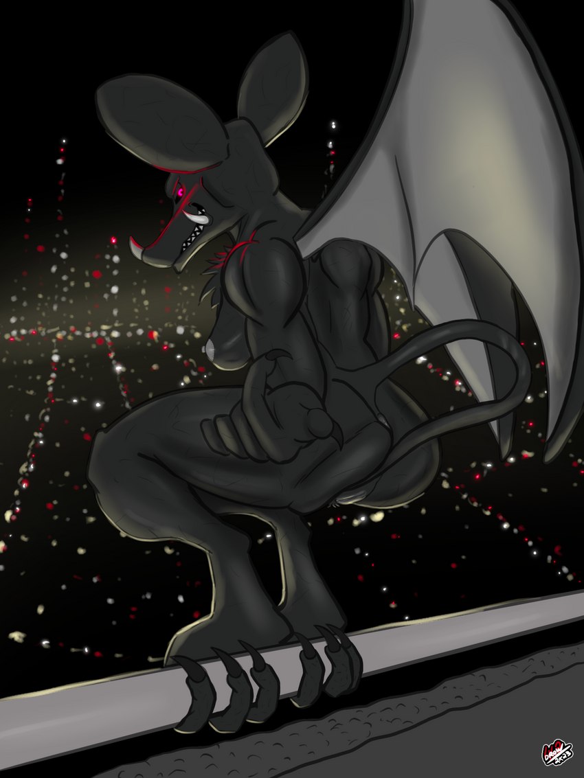 3_toes 5_fingers anthro anus bat_ears bat_nose bat_wings beckoning big_ears black_body black_fur black_sclera building butt chest_tuft city city_background city_lights cityscape crotch_tuft digitigrade duo fangs feet female fingers from_behind_position fur genitals gesture gesturing_at_viewer glowing glowing_eyes headlights looking_at_viewer looking_back membrane_(anatomy) membranous_wings mischievous_smile muscular muscular_anthro muscular_female narrowed_eyes night on_rail perching perching_position prehensile_tail presenting presenting_hindquarters pussy railing red_eyes seductive sex sharp_teeth skyscraper smile smiling_at_viewer spread_wings tail tail_lights teeth toes tuft wings drow462 bat gargoyle mammal monster 3:4 hi_res