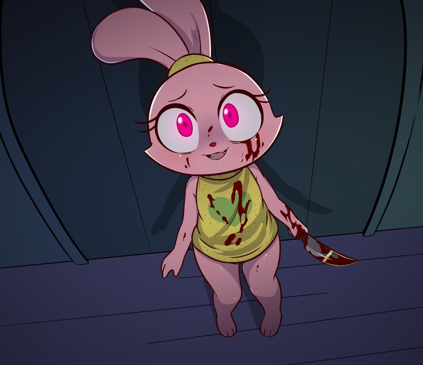 anthro barefoot barely_visible_genitalia barely_visible_pussy begging blood bodily_fluids bottomless bottomless_female clothed clothing crazy_eyes cute_fangs dialogue eyelashes fangs feet female first_person_view fur genitals glowing glowing_eyes heart_symbol insane knife knock-kneed looking_at_viewer love obsession pink_body pink_fur prisoner pussy solo sweater teeth topwear turtleneck yandere young young_female e254e cartoon_network chowder_(series) panini_(chowder) lagomorph leporid mammal rabbit absurd_res hi_res