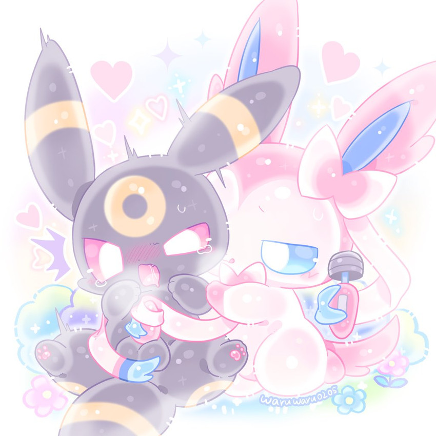 balls big_ears black_balls black_body black_fur blue_eyes blue_inner_ear blue_sclera bodily_fluids chibi drooling duo female feral flower fur genitals heart_symbol holding_object holding_sex_toy holding_vibrator male markings open_mouth penis pink_eyes pink_sclera plant pupils questionable_consent ribbonjob saliva sex_toy shocked sparkles vibrator wand_vibrator white_body white_fur white_pupils yellow_markings waruwaru0205 nintendo pokemon eeveelution generation_2_pokemon generation_6_pokemon pokemon_(species) sylveon umbreon 1:1 2025 colored digital_drawing_(artwork) digital_media_(artwork) pastel_theme