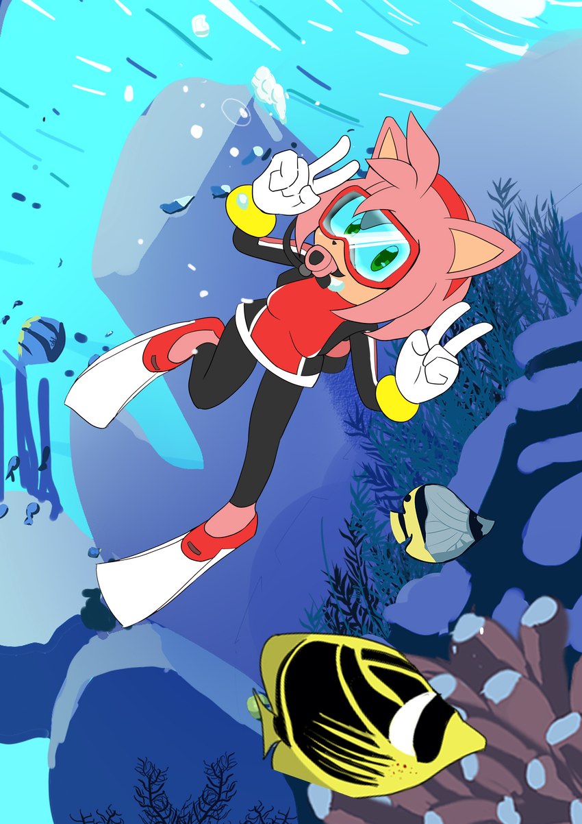 anthro breasts bubble clothing diving_mask eyewear female gloves goggles handwear looking_at_viewer mask scuba scuba_diver scuba_diving scuba_fins scuba_gear scuba_suit scuba_tank sea solo swimming swimwear thin_calves thin_legs thin_thighs tight_clothing underwater underwater_scenery water wetsuit chef_cheiro_(artist) sega sonic_the_hedgehog_(series) amy_rose eulipotyphlan hedgehog mammal absurd_res hi_res