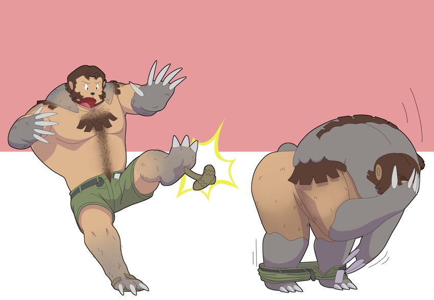 beard bottomwear brown_body brown_fur brown_hair claw_growth claws clothed clothing facial_hair footwear fur fur_growth fur_markings grey_body grey_fur growth hair hand_on_head male markings motion_lines muscle_growth nude open_bottomwear open_clothing open_shorts overweight overweight_male pokemon_professor sandals shoe_burst shoes shorts simple_background solo taking_off_pants tight_bottomwear tight_clothing tight_shorts transformation transformation_sequence undressing awarebear nintendo pokemon professor_birch generation_8_pokemon humanoid pokemon_(species) ursaluna