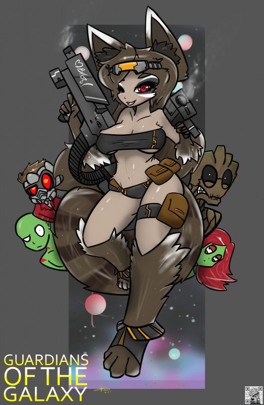 bikini clothing crossgender female group male plant qr_code red_eyes swimwear tree two-piece_swimsuit weapon halotroll guardians_of_the_galaxy marvel drax_the_destroyer gamora groot peter_quill rocket_raccoon alien human mammal procyonid raccoon absurd_res hi_res