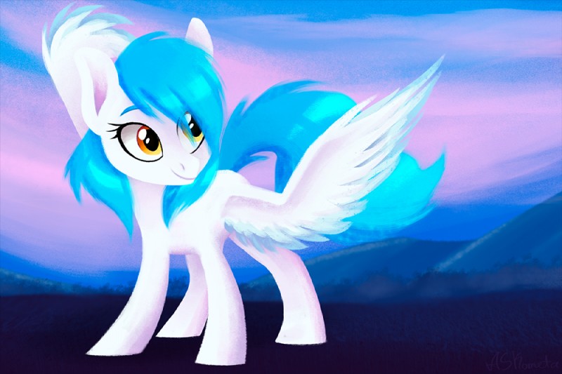 blue_hair eyebrows eyelashes feathered_wings feathers female feral hair makeup mascara mountain orange_eyes outside sky smile solo wings askometa hasbro my_little_pony mythology fan_character skyshine_power equid equine mammal mythological_creature mythological_equine pegasus 2017