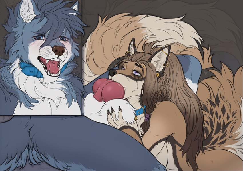 5_fingers anthro anthro_on_anthro anthro_penetrated anthro_penetrating anthro_penetrating_anthro balls blue_body blue_eyes blue_fur blue_hair blue_tail breasts brown_body brown_fur brown_hair brown_tail butt claws collar collar_only countershade_torso countershading duo ear_piercing erection facial_piercing female female_penetrated finger_claws fingers fur genitals hair inner_ear_fluff male male/female male_penetrating male_penetrating_female nose_piercing nude nude_anthro nude_female nude_male open_mouth penetration penis penis_in_mouth piercing purple_eyes sex sitting tail teeth tongue tuft yeen_shield blue-wolfy sonia_v canid canine canis mammal wolf 2025 digital_drawing_(artwork) digital_media_(artwork) hi_res