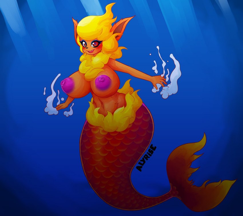 anthro big_breasts blonde_hair blue_eyeliner breasts bubble eyeliner female fin fish_tail fluffy fur hair light light_beam makeup navel nipples nude open_mouth open_smile pointy_ears puffy_nipples red_body red_eyes red_fur red_scales scales smile solo split_form underwater water yellow_body yellow_fur alyrise flareon_day nintendo pokemon pokemon-specific_day eeveelution flareon generation_1_pokemon hybrid mammal marine merfolk pokemon_(species)