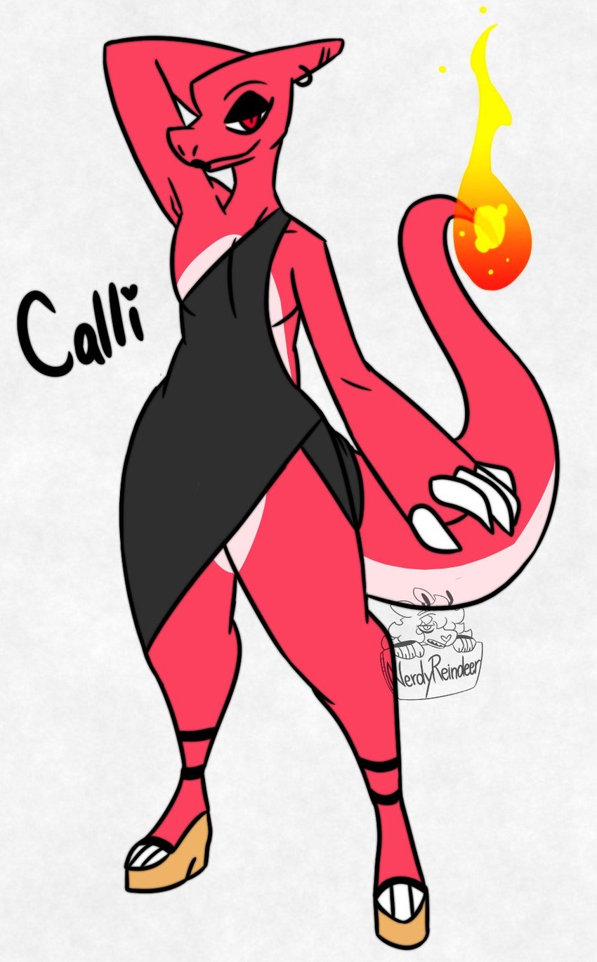 anthro clothed clothing crossdressing dress eyeshadow femboy fire flaming_tail furgonomics furry-specific_piercing horn horn_piercing lidded_eyes lipstick makeup male piercing red_body smile solo tail nerdyreindeer nintendo pokemon calli_(nerdyreindeer) charmeleon generation_1_pokemon lizard pokemon_(species) reptile scalie character_name hi_res