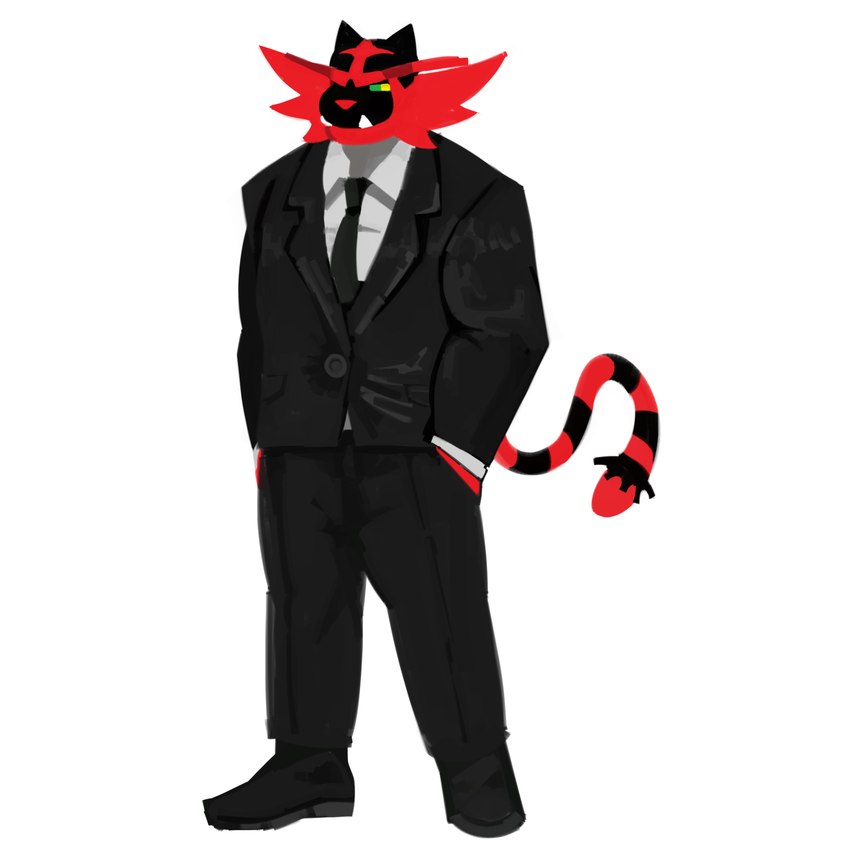 anthro black_body black_bottomwear black_clothing black_footwear black_fur black_pants black_shoes black_suit black_tie_(suit) bottomwear button_(fastener) clothing cosplay footwear fur green_eyes male muscular muscular_male pants red_body red_fur red_nose shirt shoes solo suit tail teeth topwear white_clothing white_shirt white_topwear yellow_sclera caimanresurgunt library_of_ruina nintendo pokemon project_moon roland_(library_of_ruina) generation_7_pokemon incineroar pokemon_(species) 1:1 absurd_res cel_shading digital_media_(artwork) hi_res shaded