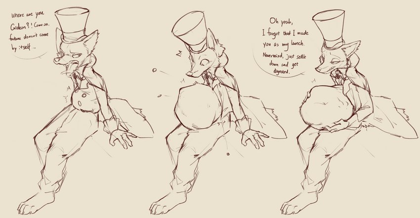 abdominal_bulge after_vore anthro belly big_belly biped dialogue digestion fatal_vore imminent_death male oral_vore speech_bubble text vore lunlunfox disney pinocchio "honest"_john_foulfellow canid canine fox mammal absurd_res english_text hi_res