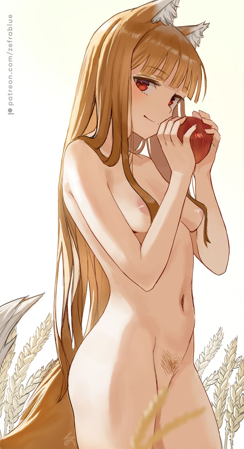 apple areola bangs biped blonde_hair blurred_foreground breasts brown_hair convenient_censorship female fingers food forearms forearms_up fruit hair hair_covering_breasts hair_covering_nipples holding_apple holding_food holding_fruit holding_object inner_ear_fluff light_body light_skin long_hair looking_at_viewer mouth_closed navel nipple_slip nude outdoor_nudity outside plant pubes raised_forearm red_eyes sidelocks simple_background smile solo standing tail text three-quarter_view tuft white_background wolf_ears zefrableu spice_and_wolf holo_(spice_and_wolf) animal_humanoid canid canid_humanoid canine canine_humanoid canis humanoid mammal mammal_humanoid wolf wolf_humanoid 2024 artist_name digital_media_(artwork) hi_res portrait shaded three-quarter_portrait url