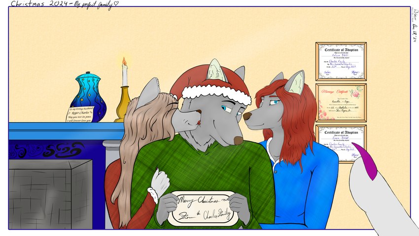 age_difference anthro biped blue_clothing blue_eyes blue_sweater blue_topwear breasts brown_hair candle certificate christmas_clothing christmas_headwear clothed clothing elderly elderly_female eyes_closed family_photo female fireplace fur furniture green_clothing green_sweater green_topwear grey_body grey_fur group hair happy hat headgear headwear holidays kissing_cheek long_hair looking_at_viewer male marriage_certificate mature_anthro mature_female older_female photo red_clothing red_hair red_sweater red_topwear santa_hat sign simple_background smile standing sweater text topwear trio urn bbear christmas felicia_(bbear) fenrir_(bbear) mrs._charles_(bbear) canid canine canis mammal wolf 16:9 absurd_res dated digital_media_(artwork) english_text hi_res huge_filesize shaded signature widescreen adopted_(lore) adopted_daughter_(lore) adopted_son_(lore) adoptive_mother_(lore) daughter_(lore) mother_(lore) mother_and_child_(lore) mother_and_daughter_(lore) mother_and_son_(lore) parent_(lore) parent_and_child_(lore) parent_and_daughter_(lore) parent_and_son_(lore) son_(lore)