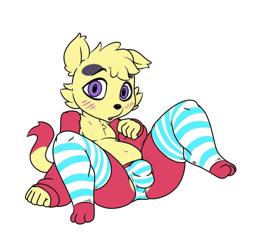 anthro belly biped blush blush_lines bulge circle_eyebrows clothing detailed_bulge eyebrows femboy fur leggings legwear looking_at_viewer male male_anthro navel panties pattern_clothing pattern_legwear pattern_underwear purple_eyes red_body red_fur shy sitting sleeves slightly_chubby slightly_chubby_anthro slightly_chubby_male solo stockings striped_clothing striped_legwear striped_underwear stripes teapot_(body_type) thick_thighs thigh_highs tights toeless_legwear underwear yellow_body yellow_fur young pillothestar nintendo pokemon generation_5_pokemon mienfoo pokemon_(species) hi_res
