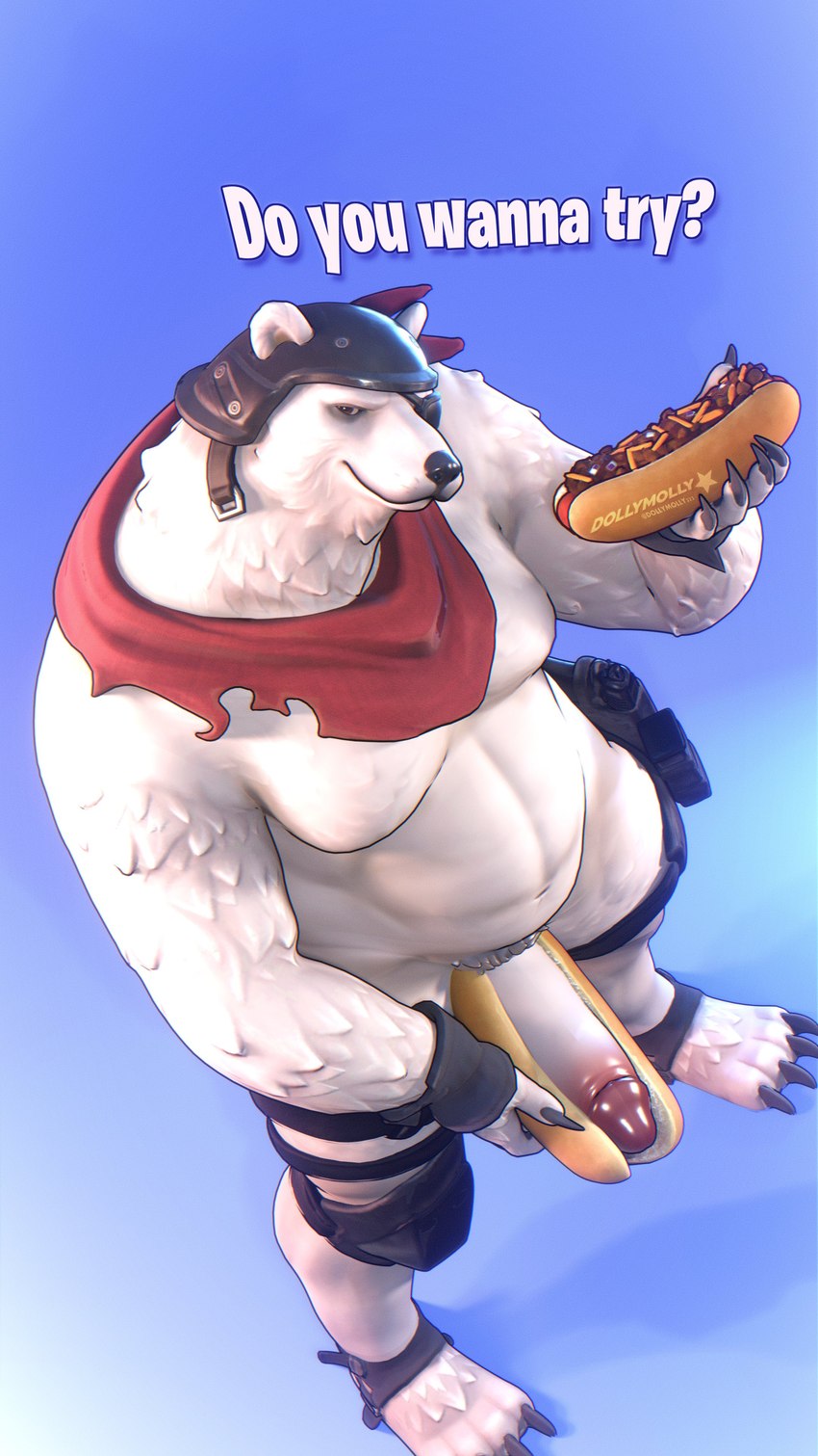 anthro armor belly double_entendre erection eye_patch eyewear food food_fetish food_play fur genitals headgear high-angle_view holding_food holding_object hot_dog kerchief looking_at_viewer looking_up looking_up_at_viewer male musclegut muscular muscular_anthro muscular_male navel pecs penis penis_hot_dog pose presenting presenting_penis solo suggestive suggestive_food text white_body white_fur dollymolly323 epic_games fortnite polar_patroller bear mammal polar_bear ursine 2023 3d_(artwork) 4k 9:16 absurd_res blender_(artwork) digital_media_(artwork) english_text full-length_portrait hi_res portrait watermark