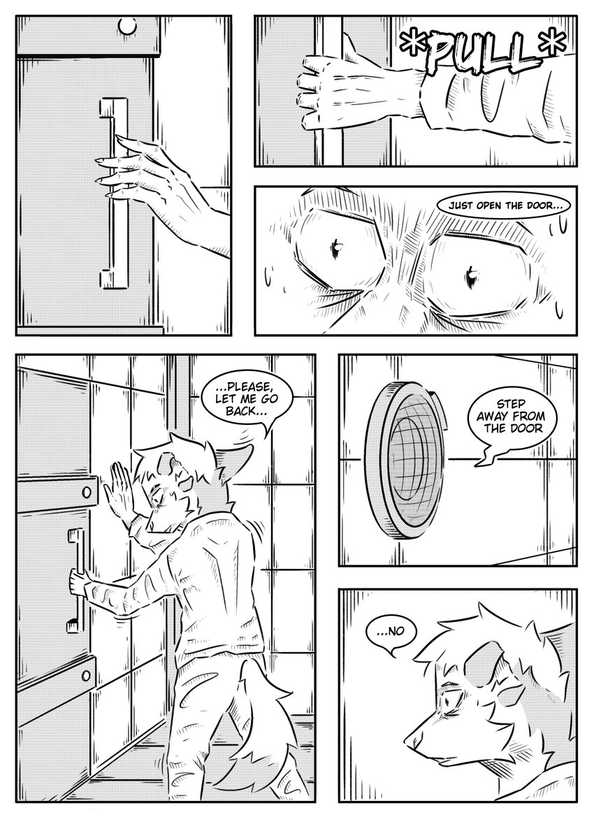 anthro clothed clothing dialogue door door_handle inside male missing_ear simple_background solo speaker speech_bubble text kifyun2 canid canine fox mammal absurd_res black_and_white comic english_text hi_res monochrome