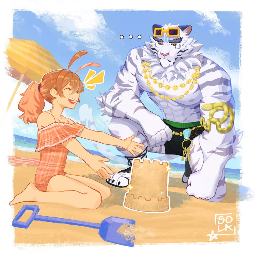 abs anthro beach blue_sky clothing cloud duo eyewear eyewear_on_head female footwear fur gold_(metal) gold_jewelry hair jewelry key male muscular muscular_male neck_tuft necklace orange_hair parasol pecs sand sand_castle sandals sculpture seaside shoes shovel sky striped_body stripes sunglasses sunglasses_on_head swimwear tools tuft white_body white_fur yellow_eyes young soladite1 dislyte lilith_games jin_qiu_(dislyte) felid mammal pantherine tiger 1:1 hi_res