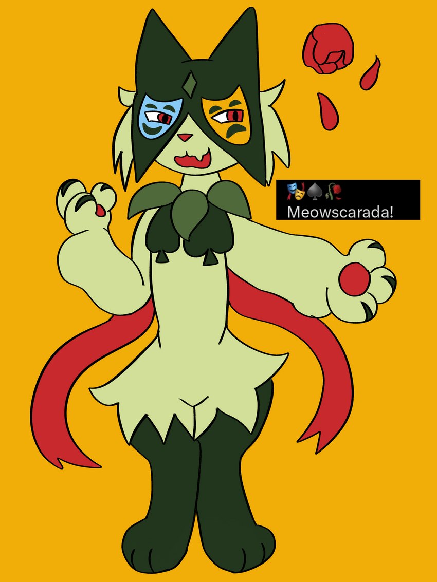 alternate_color alternate_costume ambiguous_gender anthro flower leaf mask pawpads paws petals plant red_eyes ribbons_(anatomy) rose_(flower) simplified_pawpads smile solo spades_(suit) suit_symbol wilted_plant jackrabbit_(artist) fakemon nintendo pokemon generation_9_pokemon meowscarada pokemon_(species) 2023 3:4 absurd_res digital_media_(artwork) hi_res ibispaint_(artwork)