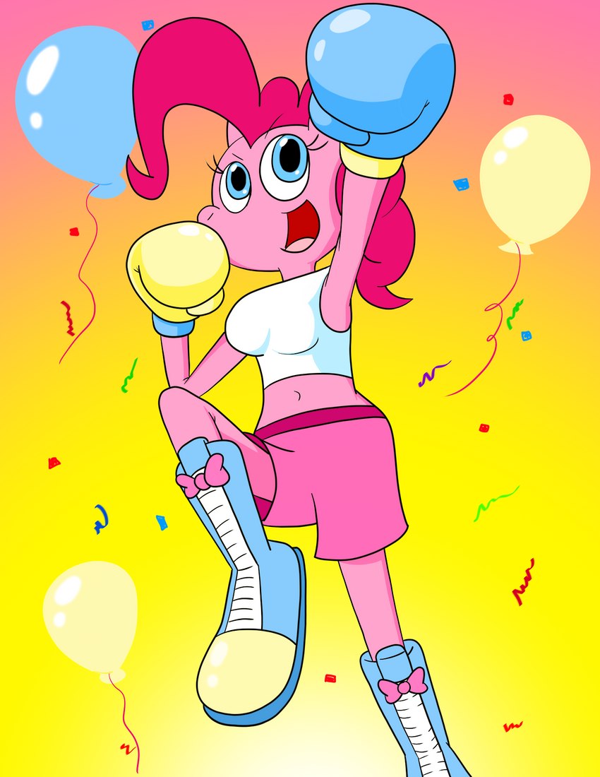 anthro anthrofied balloon blue_clothing blue_gloves blue_handwear boots bottomwear boxing boxing_gloves boxing_shorts boxing_trunks breasts clothing confetti female footwear gloves handwear inflatable mismatched_gloves pink_body pink_bottomwear pink_clothing pink_shorts pink_skin shirt shoes shorts solo sport tank_top topwear yellow_clothing yellow_gloves yellow_handwear zerohead133 friendship_is_magic hasbro my_little_pony pinkie_pie_(mlp) earth_pony equid equine horse mammal pony hi_res