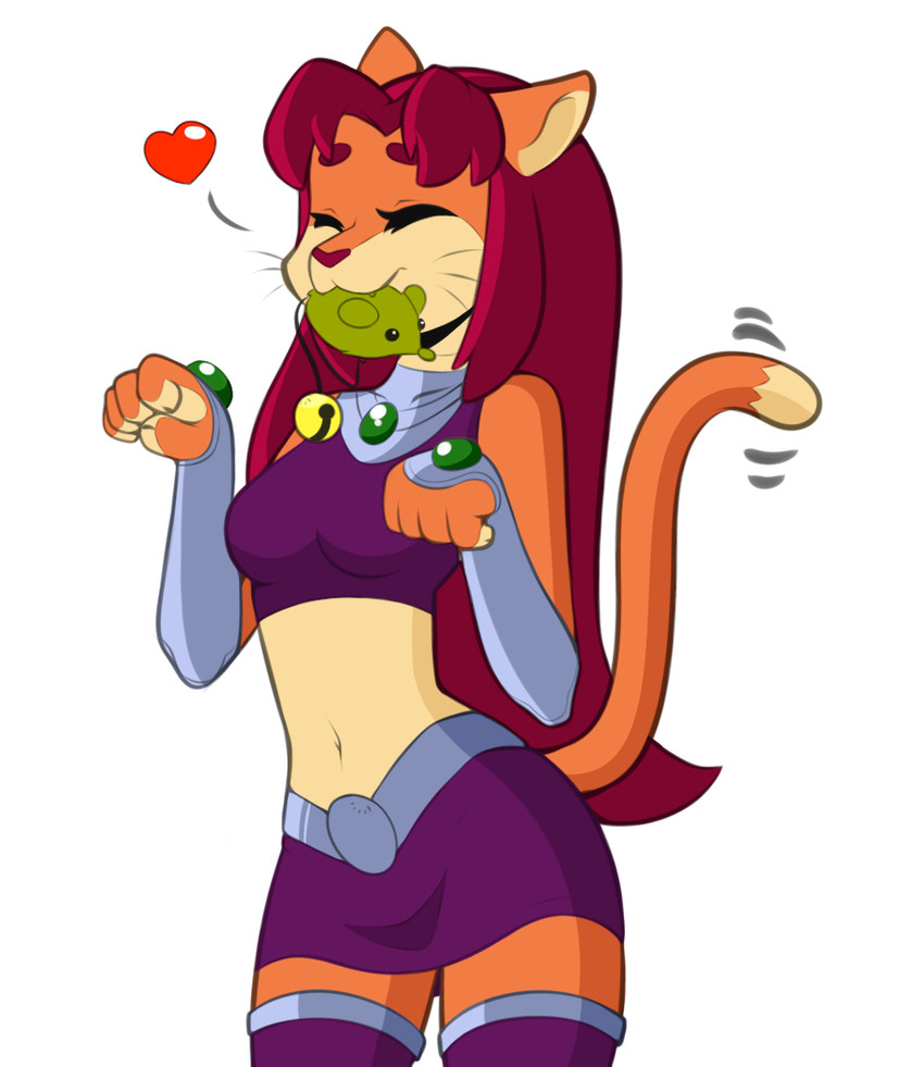 anthro anthrofied armwear bottomwear clothed clothing eyes_closed fangs female female_anthro happy heart_symbol midriff simple_background skirt solo teeth toy toy_mouse jegc third-party_edit cartoon_network dc_comics teen_titans teen_titans_(television_series) cat_starfire starfire_(teen_titans) domestic_cat felid feline felis mammal