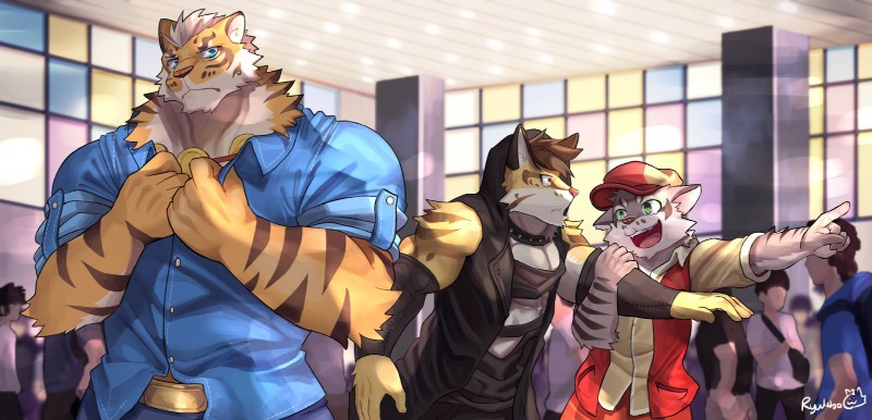 anthro clothed clothing countershading fur group hat headgear headwear hoodie kemono large_group male simple_background topwear ryulabo nekojishi studio_klondike likulau lin_hu shu-chi clouded_leopard felid feline human leopard_cat mammal pantherine prionailurus tiger 2018 digital_media_(artwork) hi_res