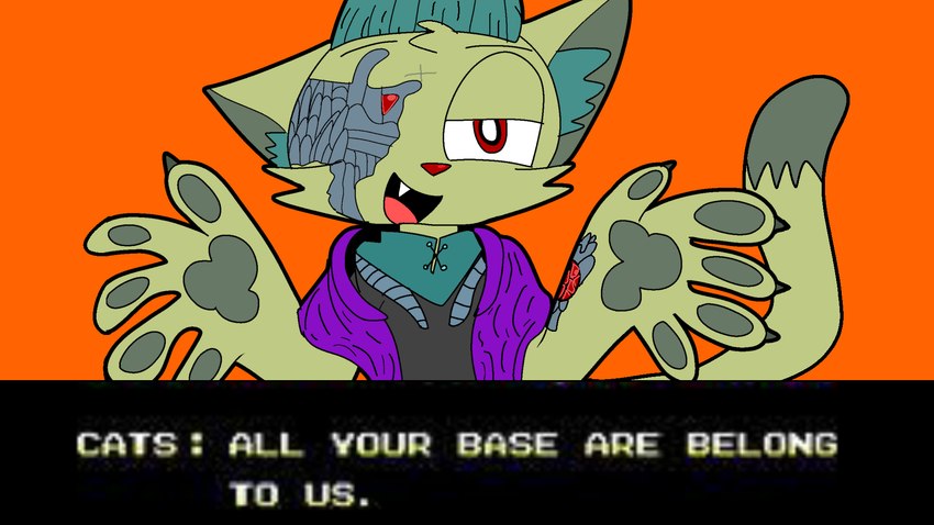 all_the_base_are_belong_to_us_(meme) alternate_species anthro bad_translation cape clothed clothing cybernetic_eye cybernetics dialogue electronics fangs fur furrification green_body green_fur hair long_hair looking_at_viewer machine male one_eye_obstructed open_mouth orange_background pawpads purple_cape purple_clothing red_eyes simple_background smile solo tail teeth text tuft tufted_ears tufted_fur villains unknown_artist sega sega_genesis zero_wing cats_(zero_wing) cyborg domestic_cat felid feline felis mammal robot robot_anthro 16:9 digital_media_(artwork) english_text engrish hi_res meme translated widescreen