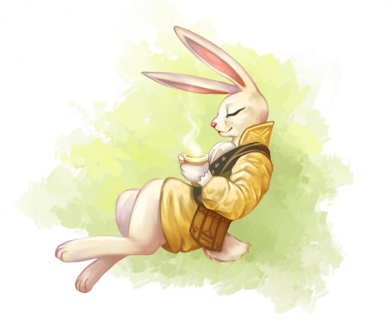 anthro bag barefoot beverage biped clothed clothing container cravat cup eyes_closed feet female fully_clothed fur happy sitting smile solo tea tea_cup white_body white_fur kyla_frank armello league_of_geeks amber_(armello) lagomorph leporid mammal rabbit