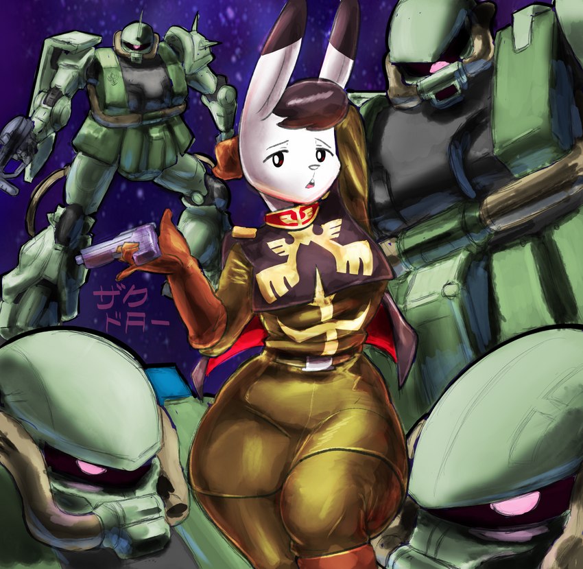 anthro clothing female group machine military_uniform solo uniform kaizooki gundam osamu_tezuka the_amazing_3 captain_bokko zaku_ii humanoid lagomorph leporid mammal mobile_suit rabbit robot robot_humanoid hi_res