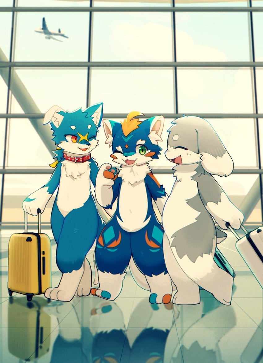 aircraft airplane airport anthro blue_body blue_fur blue_markings blue_tail collar collar_only countershade_face countershading dipstick_ears ear_markings front_view fur green_eyes grey_body grey_eyes grey_fur group hair holding_object kemono leg_markings linoleum looking_at_another markings multicolored_body multicolored_ears multicolored_tail nude one_eye_closed orange_body orange_eyes orange_fur orange_hair orange_markings orange_tail pose red_collar side_view smile socks_(marking) suitcase tail trio vehicle white_body white_countershading white_fur wink yellow_facial_markings yellow_markings sebadaba_maine production_taiikukan lion_(fw_rion) nox_(noxbluewolf) rotta ambiguous_species lagomorph leporid mammal rabbit 2024 full-length_portrait portrait