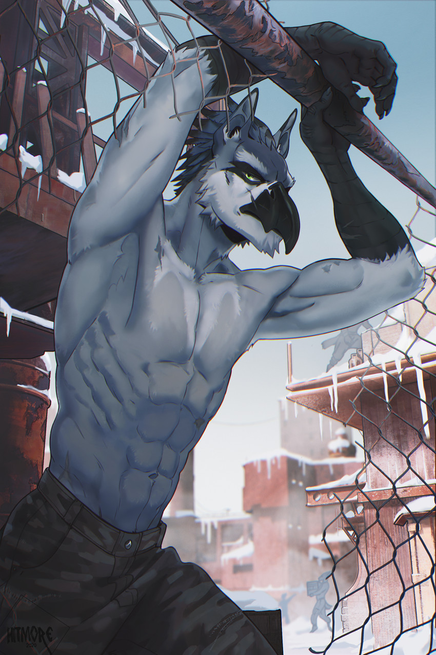 5_fingers abs anthro beak claws clothed clothing detailed_background feathers featureless_chest fence fingers leaning male muscular muscular_anthro muscular_male outside scar snow solo standing topless hitmore avian bird digital_media_(artwork) hi_res