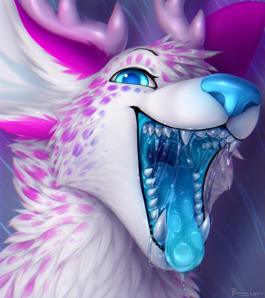 ambiguous_gender antlers black_eyebrows blue_eyes blue_nose blue_tongue bodily_fluids cheek_tuft eyebrows facial_tuft fangs front_view fur glistening glistening_eyes head_tuft horn looking_at_viewer mouth_shot narrowed_eyes neck_tuft open_mouth pink_antlers pink_body pink_ears pink_fur pink_spots saliva saliva_on_chin saliva_on_tongue saliva_string solo spots teeth tongue tuft white_body white_fur white_inner_ear bloominglynx aja_(aevery) 2021 absurd_res bust_portrait hi_res portrait signature