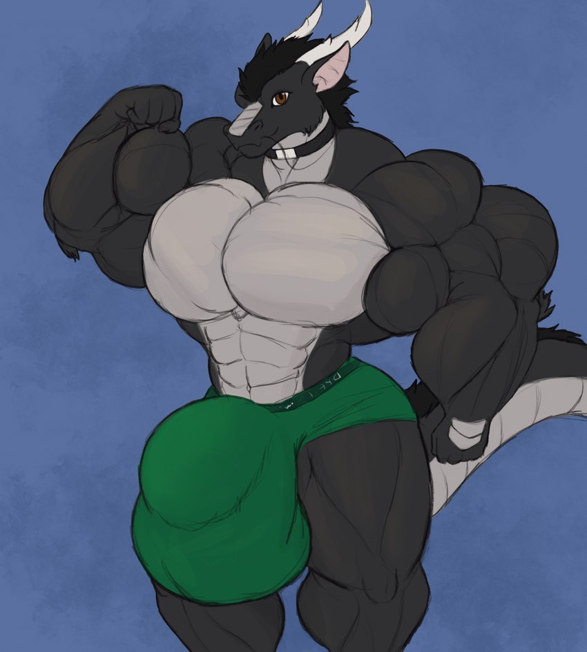 anthro antlers big_bulge big_muscles big_pecs black_body black_hair boxers_(clothing) bulge clothed clothing collar countershading fist flexing grey_body grey_countershading hair horn huge_bulge huge_muscles huge_pecs hyper hyper_bulge hyper_muscles looking_at_viewer male muscular pecs smile solo standing three-quarter_view underwear underwear_only whiskers sonicgamer mythology zylo_(sonicgamer) dragon eastern_dragon mythological_creature mythological_scalie scalie 2024 hi_res