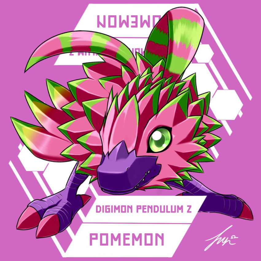 ambiguous_gender antennae_(anatomy) dragon_fruit_markings feathers feral green_eyes green_markings markings pink_body pink_feathers purple_mouth solo hudie_jun bandai_namco digimon mythology digimon_(species) dragon mythological_creature mythological_scalie pomumon scalie 1:1 hi_res