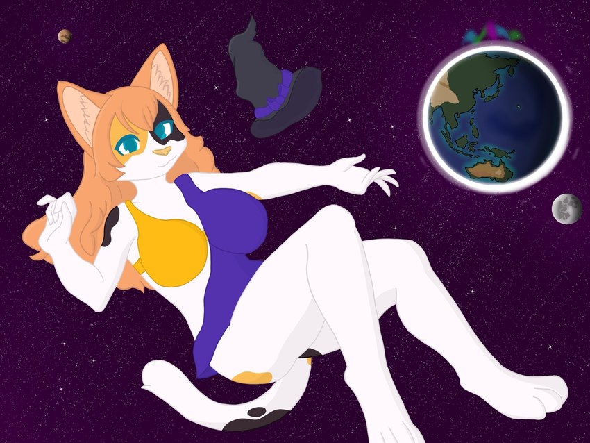 anthro aurora_(phenomenon) big_breasts black_body black_fur blue_eyes bra breasts clothing ear_tuft earth female floating fur hair hat headgear headwear mars moon multicolored_body multicolored_fur multicolored_tail orange_body orange_fur orange_hair orange_nose planet purple_clothing solo space star tail tuft underwear white_body white_fur witch_hat yellow_bra yellow_clothing yellow_underwear thekitsuyt kaylee_(thekitsuyt) calico_cat domestic_cat felid feline felis mammal 4:3 cel_shading hi_res shaded