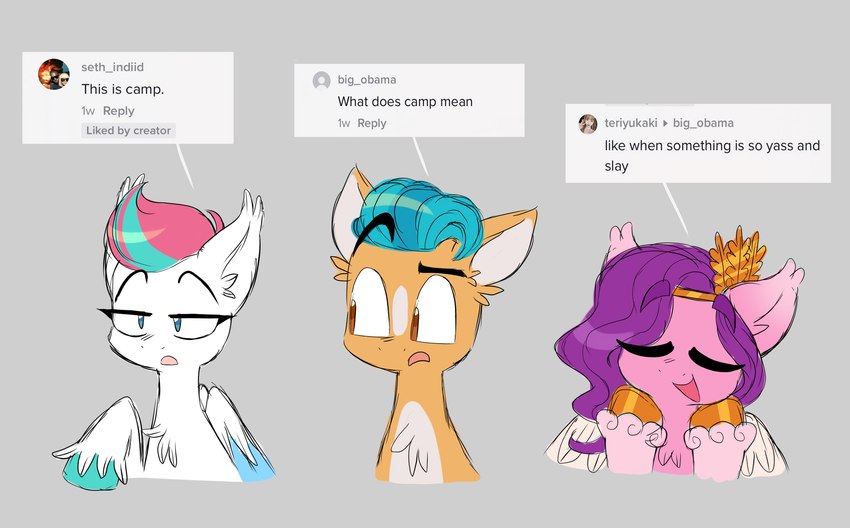 comments dialogue female group hair humor male purple_hair slang text trio turquoise_hair wings sidruni hasbro mlp_g5 my_little_pony mythology hitch_trailblazer_(mlp) pipp_petals_(mlp) zipp_storm_(mlp) earth_pony equid equine horse mammal mythological_creature mythological_equine pegasus pony english_text hi_res