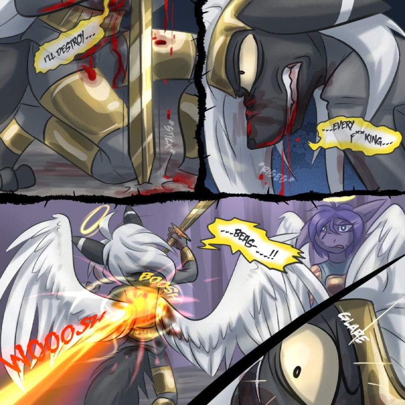 anthro blood bodily_fluids dialogue feathered_wings feathers female fur grey_body grey_fur hair male melee_weapon purple_body purple_fur purple_hair sword text weapon white_hair wings ripli a_story_with_a_known_end shad angel canid canine mammal 1:1 comic english_text translated