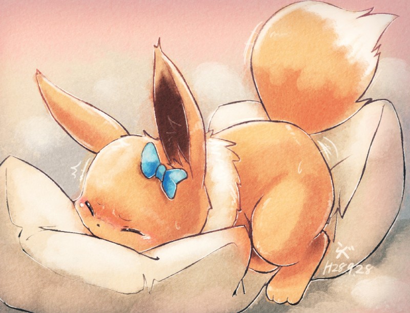 accessory bow_(feature) bow_accessory bow_ribbon eyes_closed female feral fur grinding hair_accessory hair_bow hair_ribbon in_heat masturbation pillow pillow_humping ribbons simple_background solo tail rag._(artist) nintendo pokemon eevee generation_1_pokemon pokemon_(species)