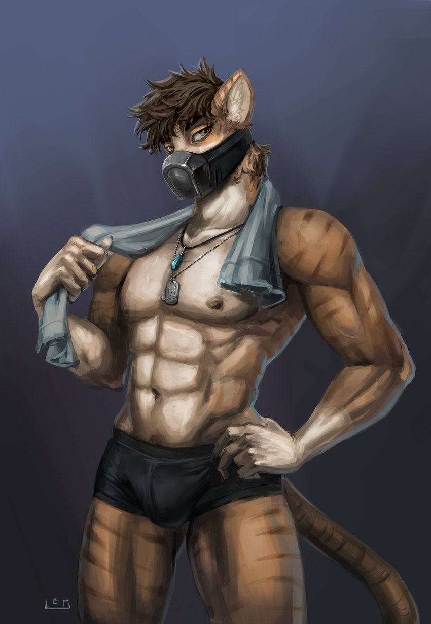 abs anthro athletic athletic_male bedroom_eyes big_hands black_clothing black_underwear blue_crystal boxer_briefs boxers_(clothing) brown_eyebrows brown_eyes brown_hair bulge clothed clothing crystal_necklace defined digitigrade dog_tags eyebrows fur fur_markings grey_background hair half-closed_eyes half_mask half_naked hand_on_hip holding_object holding_towel inner_ear_fluff jewelry long_tail male markings mask messy_hair metal_mask muscular muscular_anthro muscular_male muscular_thighs narrowed_eyes necklace nipples orange_body orange_fur provocative pupils seductive sensual simple_background solo spiky_hair standing standing_position striped_body striped_fur striped_markings striped_tail stripes tail tail_markings toned_body toned_muscles toned_stomach toned_thighs towel tuft underwear underwear_only white_body white_facial_markings white_fur white_hands white_inner_ear white_inner_ear_fluff white_markings white_sclera leomitsu snake_teeth domestic_cat felid feline felis mammal digital_drawing_(artwork) digital_media_(artwork) digital_painting_(artwork) half-length_portrait hi_res painting_(artwork) portrait