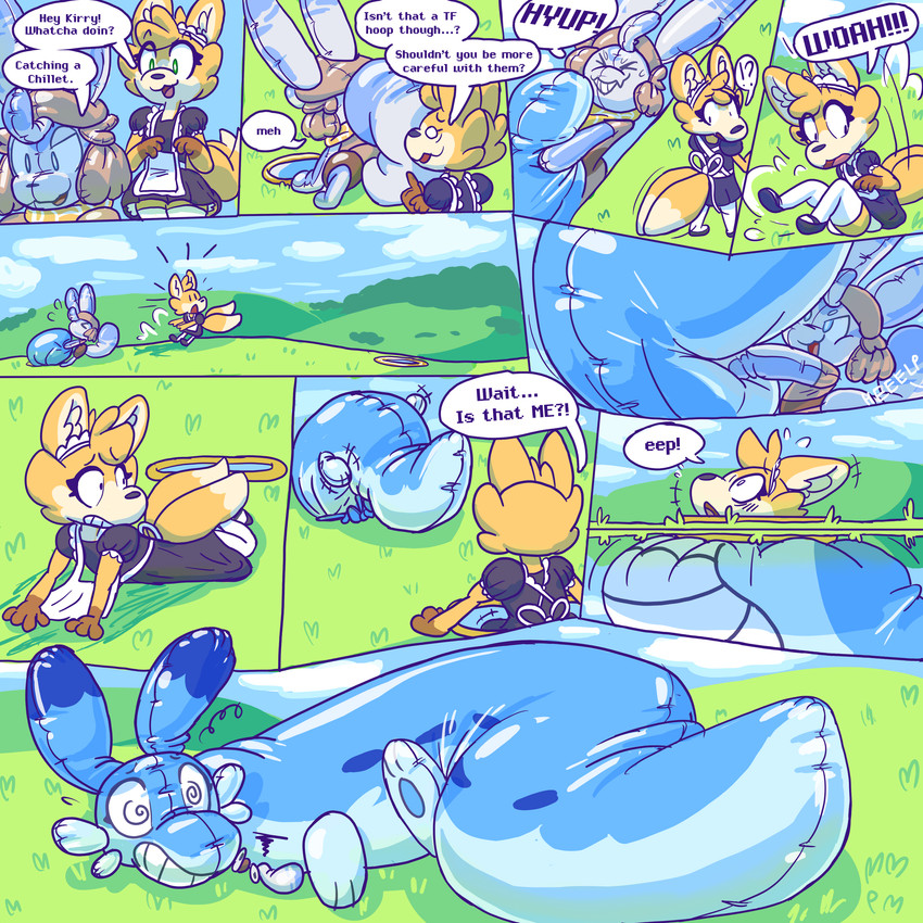 ambiguous_gender anthro anthro_to_inanimate dialogue dipstick_tail duo female hoop_transformation inanimate_transformation inflatable markings multi_tail seam_(sewing) speech_bubble tail tail_markings text transformation transformation_sequence worried_look memopemo palworld pocketpair animate_inanimate canid canine chillet fox living_inflatable living_pool_toy mammal pal_(species) 1:1 absurd_res comic english_text hi_res