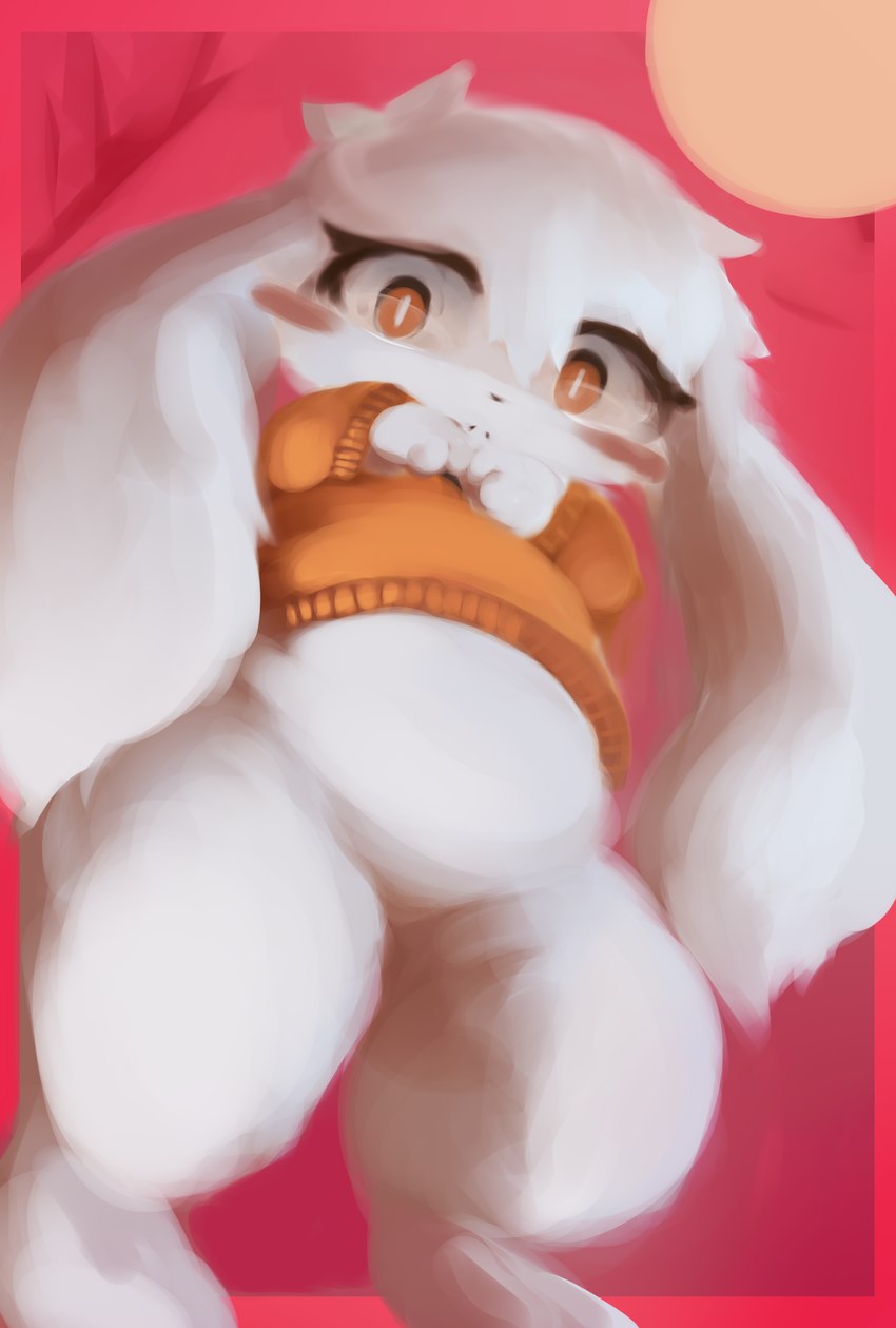 ambiguous_gender anthro black_lips black_nose blush bottomless clothed clothing death_stare eyelashes featureless_crotch floppy_ears fluffy_ears frown fur hands_together intense_stare kemono lips looking_at_viewer looking_down lop_ears moon night orange_clothing orange_eyes orange_sweater orange_topwear pupils red_sky sky slightly_chubby slit_pupils solo sweater topwear unusual_pupils white_body white_ears white_fur white_pupils yellow_moon hasukii cave_story ransley_(internetmimiga) lagomorph leporid mammal mimiga rabbit hi_res