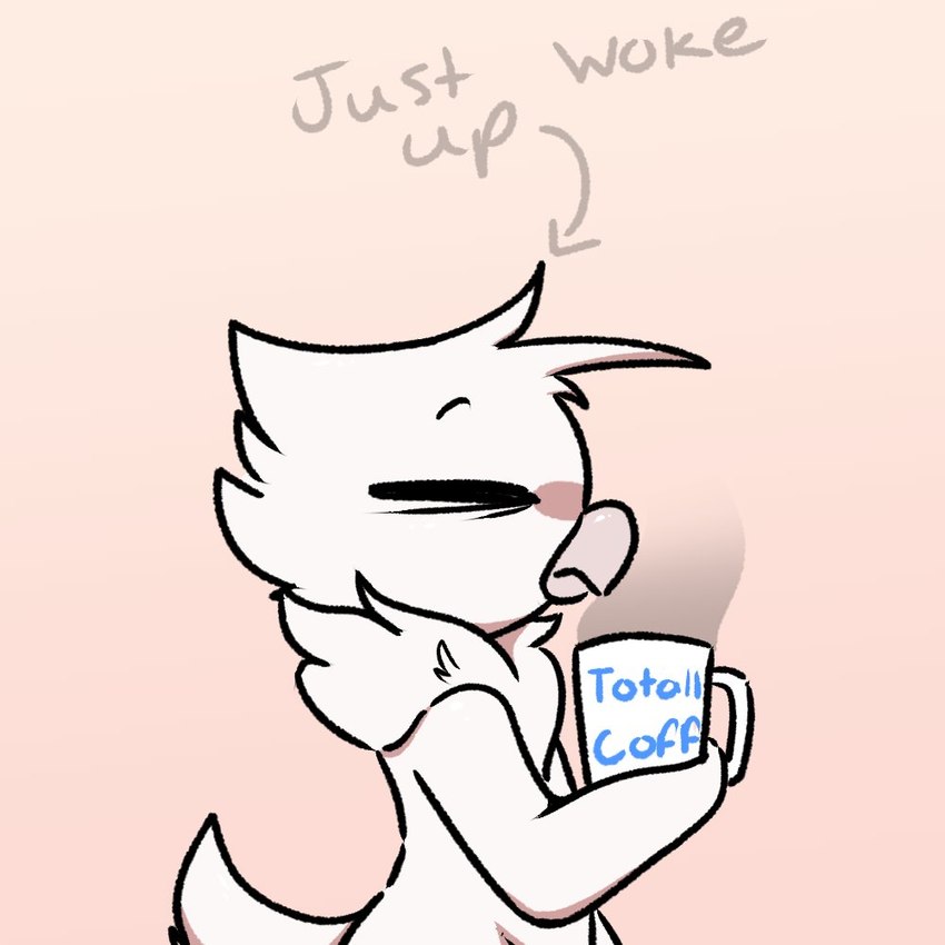 ambiguous_anthro ambiguous_gender anthro beak beverage biped blue_text coffee coffee_mug container cup directional_arrow eyes_closed feathers grey_text hair holding_beverage holding_coffee holding_coffee_mug holding_object just_woke_up monotone_body monotone_feathers mug nude nude_anthro nude_male pink_background side_view simple_background solo tail text text_on_mug white_arms white_body white_feathers white_hair white_legs white_mug white_tail yosshidoragon riley_(giidenuts) avian bird 1:1 2022 digital_media_(artwork) english_text male_(lore)