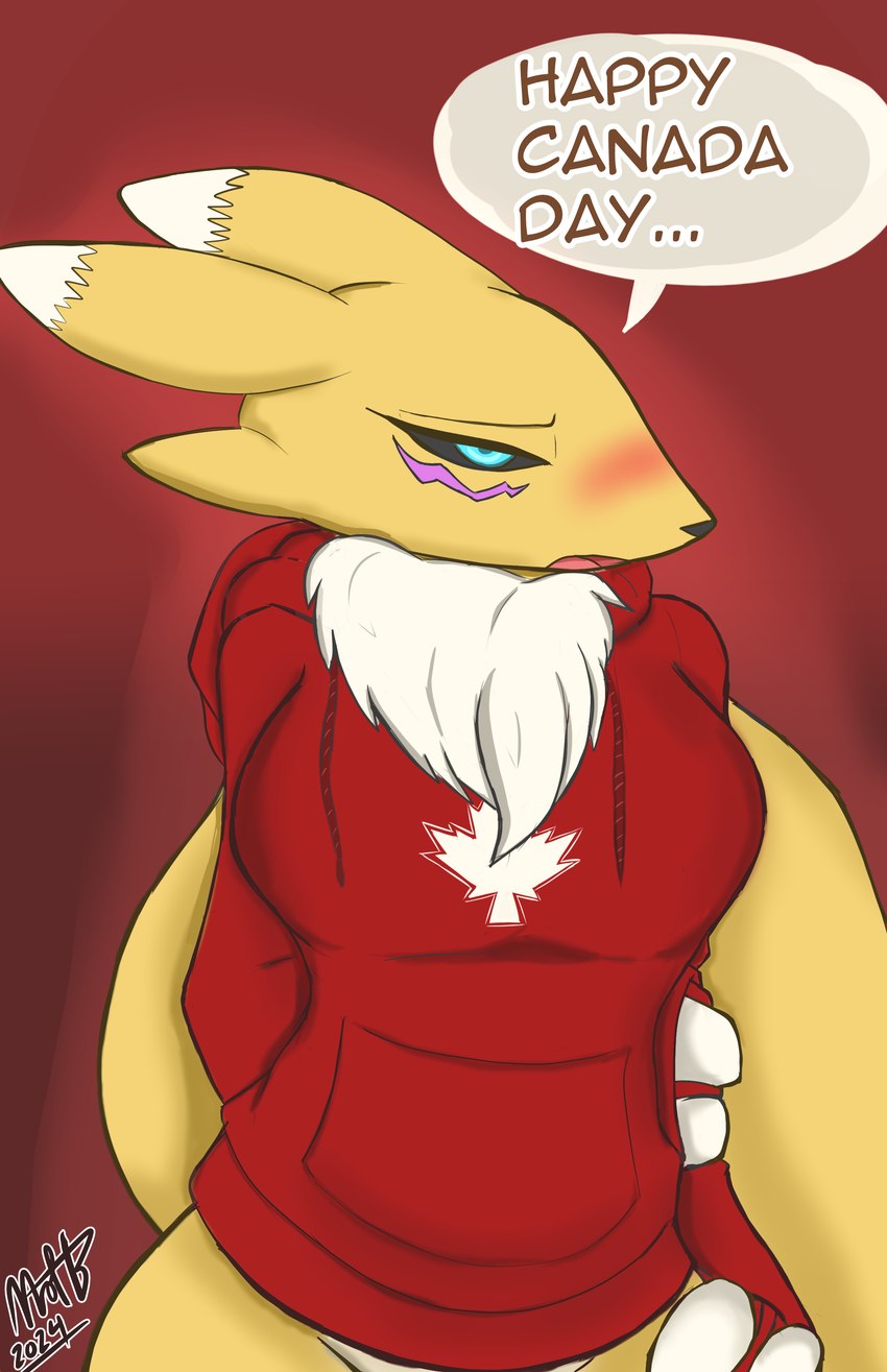 anthro bedroom_eyes big_breasts blush breasts canada canadian_flag clothing embarrassed female holidays hoodie narrowed_eyes seductive solo topwear nickofthebra bandai_namco canada_day digimon canid canine digimon_(species) fox mammal renamon 2024 absurd_res hi_res