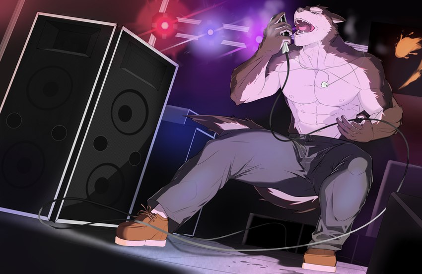 5_fingers abs anthro belt bottomwear brown_body brown_clothing brown_footwear brown_fur brown_shoes clothed clothing dog_tags electronics eyes_closed fingers footwear fur holding_microphone holding_object male microphone muscular muscular_anthro muscular_male nipples open_mouth pants pecs pink_tongue rocking_out shoes singing solo speaker stage stage_lights teeth tongue topless topless_anthro topless_male arakinamikaze utau aro_rouon canid canine canis mammal wolf absurd_res hi_res