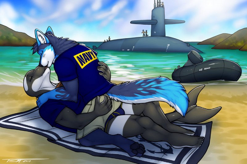 anthro beach blue_body blue_fur blush briefs clothing cove cuddling detailed_background fur group island kissing male male/male military navy on_towel outside romantic romantic_couple sand sea seaside submarine towel tropical underwear vehicle water watercraft white_body white_fur tsaiwolf u.s._navy akamai backdraft canid canine canis cetacean dolphin mammal marine oceanic_dolphin orca toothed_whale wolf 3:2